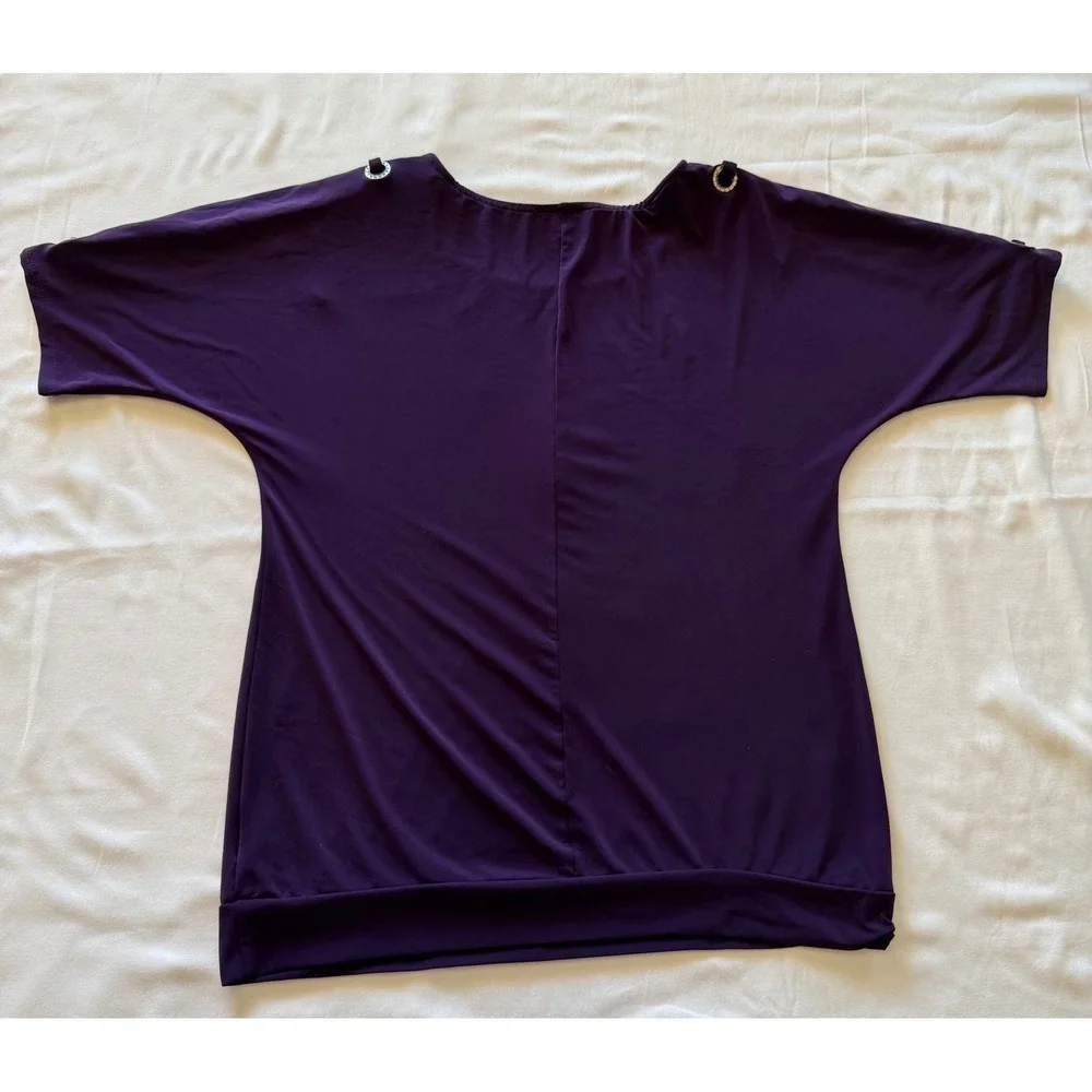 AUW Women Purple Cold Shoulder Blouse Rhinestone Grommet Short Sleeve Top‎ L